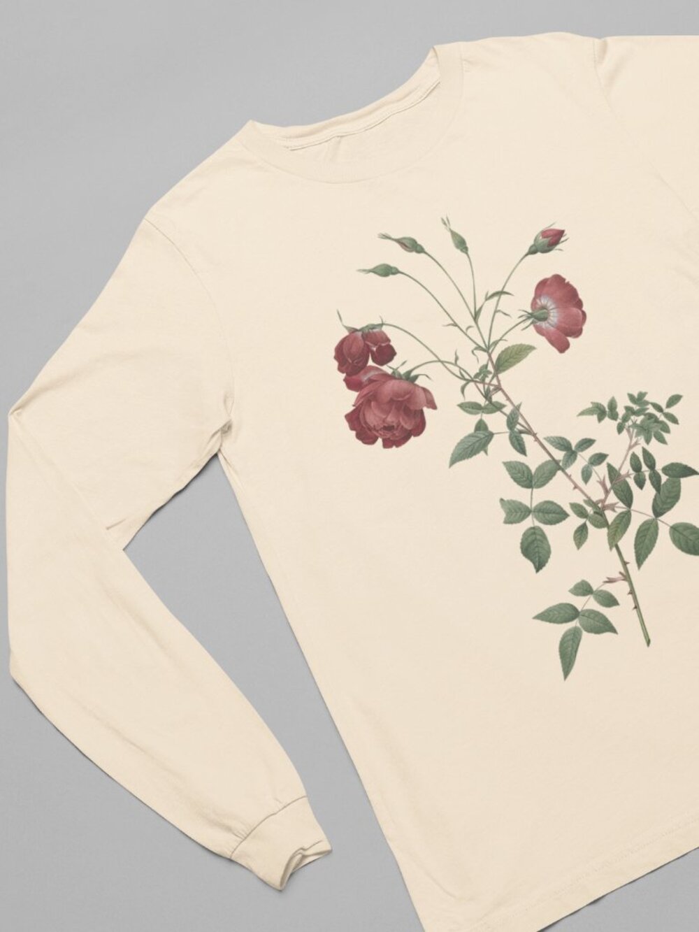 Rose Vintage Floral Print Long Sleeve Graphic Tee T-shirt S-XXL - Picture 2 of 6